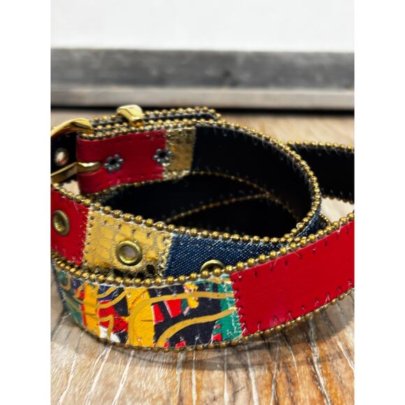 Vintage Patchwork Leather Belt Gold Stud Trim Art To Wear Statement Belt L main image 4